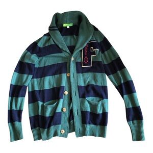 Blue & green striped cardigan with embroidered logo